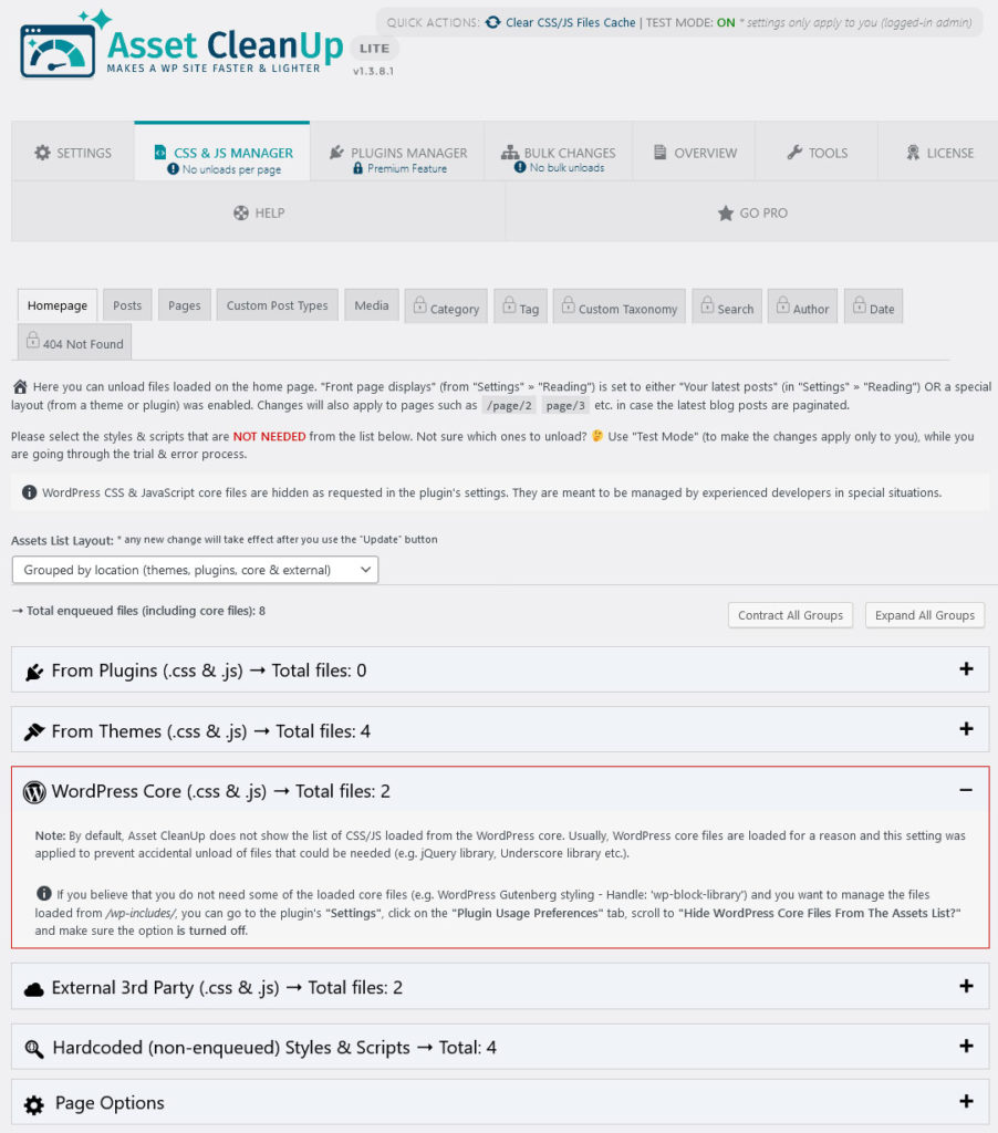 Reduced unused JavaScript and CSS: asset cleanup css js manager