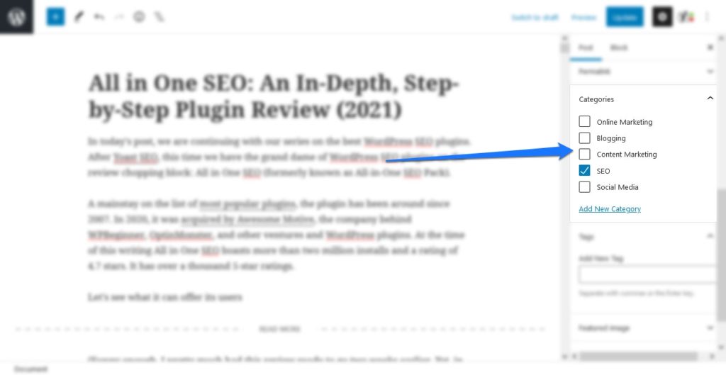 WordPress SEO: assign categories in wordpress editor