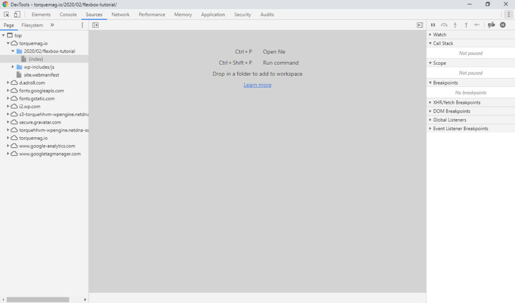 browser developer tools sources tab