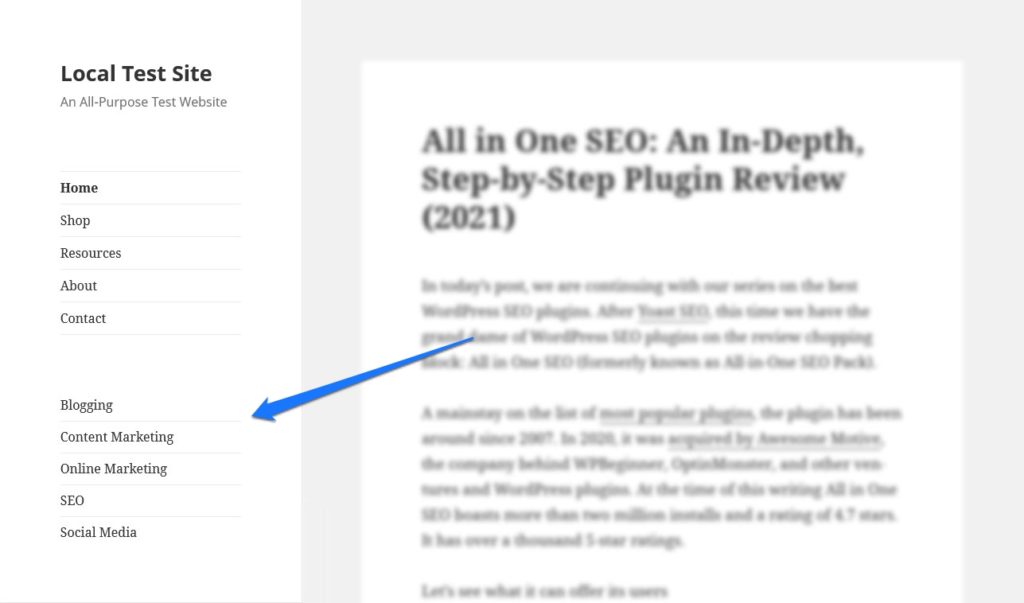 WordPress SEO: categories in sidebar example