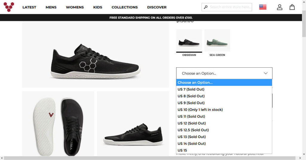choose product size from drop down menu