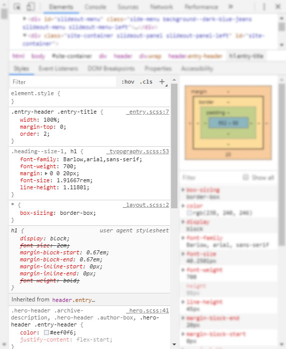 css markup in developer tools