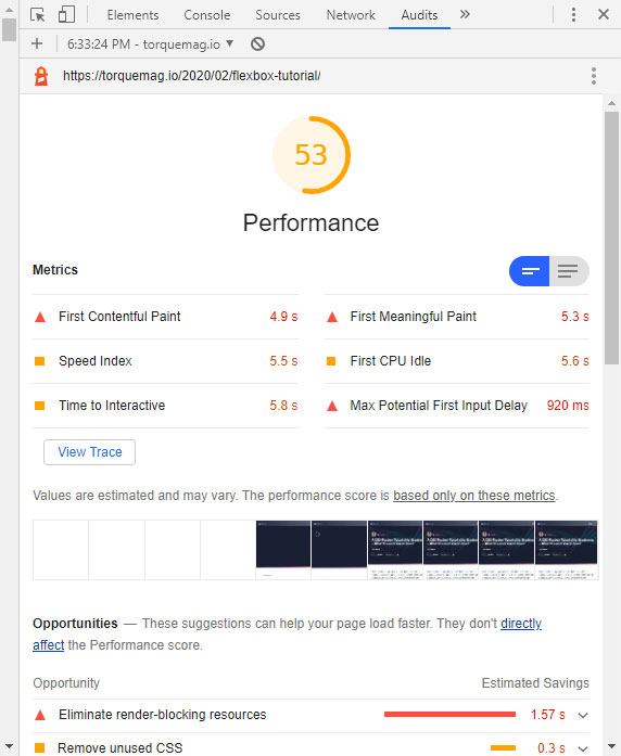 dev tools performance audit results
