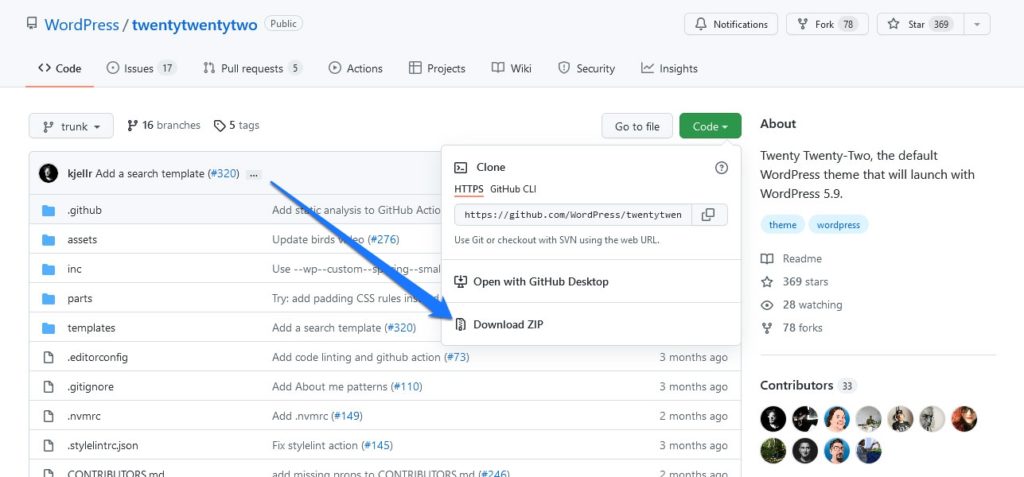 download twenty twenty two from github for review