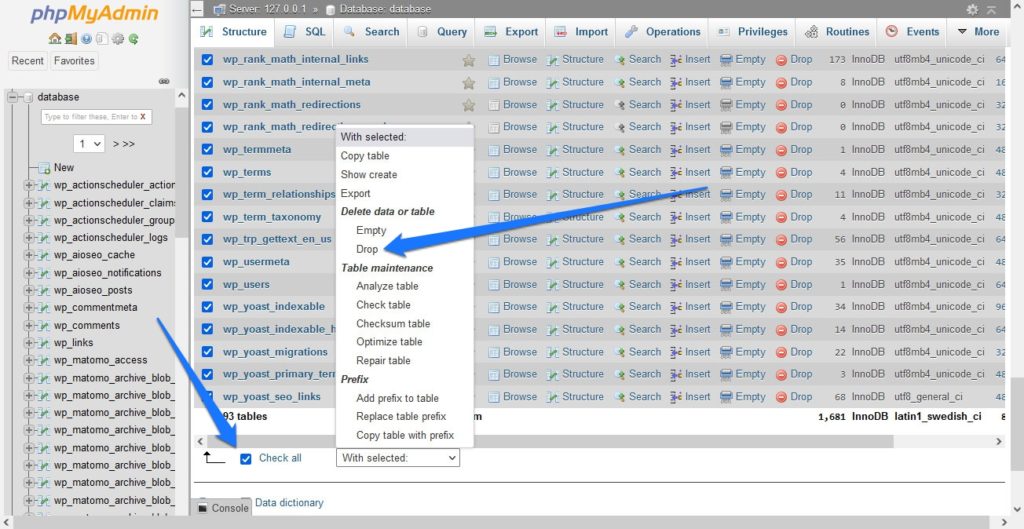 drop wordpress tables in phpmyadmin