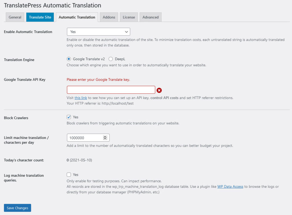 enable automatic translation in translatepress