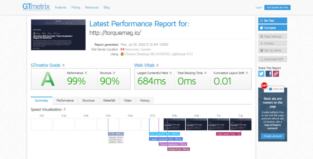 gtmetrix speed testing tool example