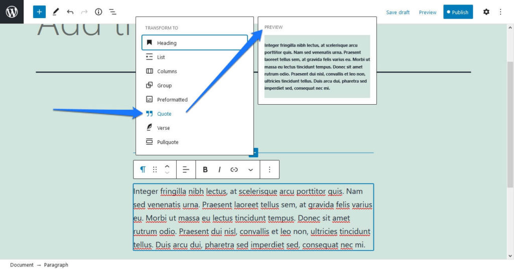 gutenberg features block transform preview