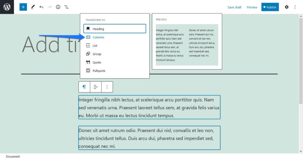 gutenberg features create columns with the columns block
