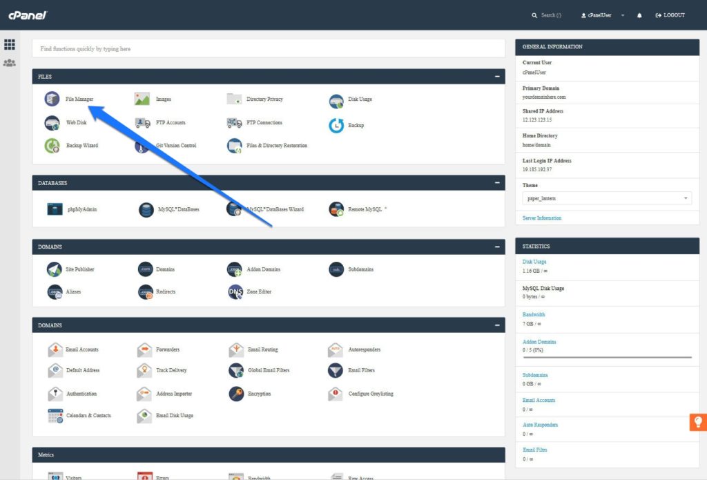 import local site from cpanel user interface
