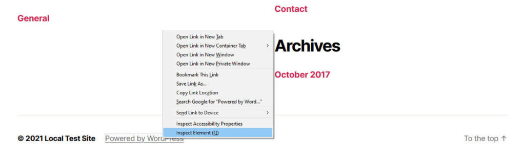inspect footer elements with browser developer tools