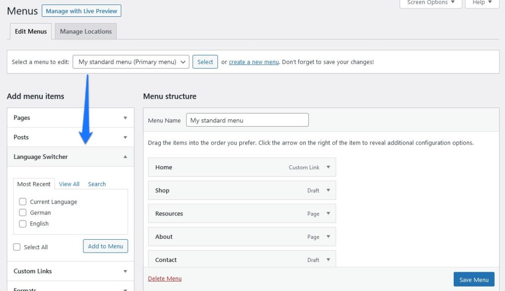 language options for navigation menu