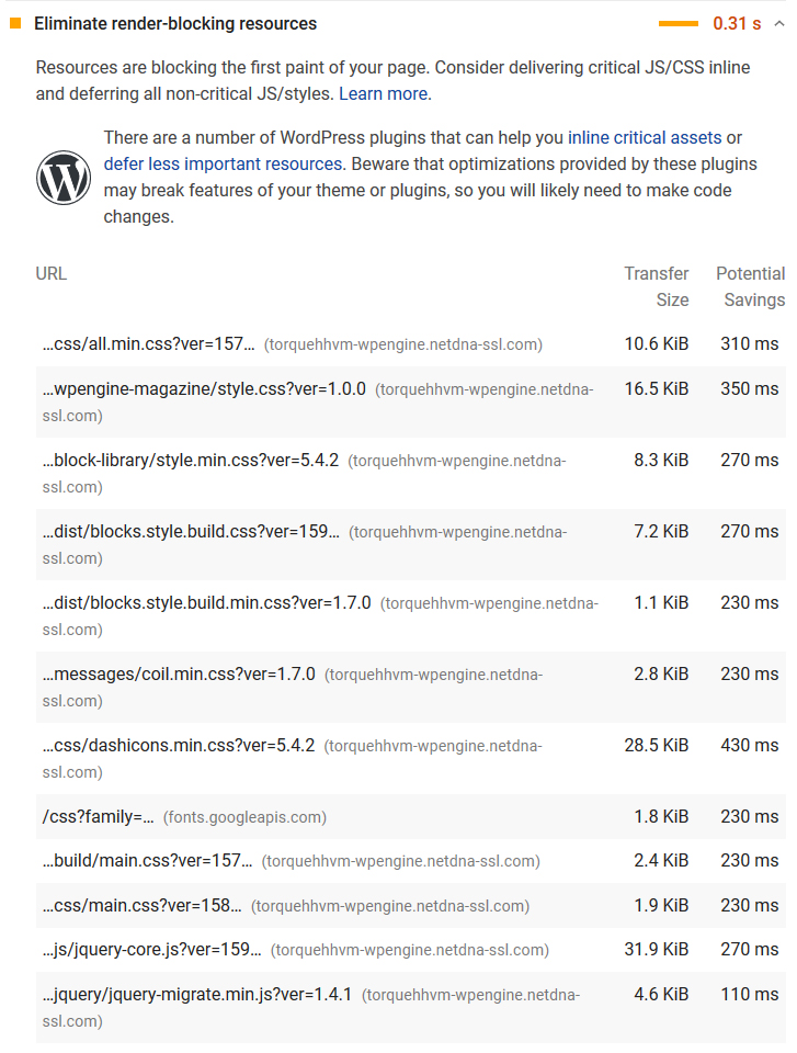 list of render blocking resources in google pagespeed insights