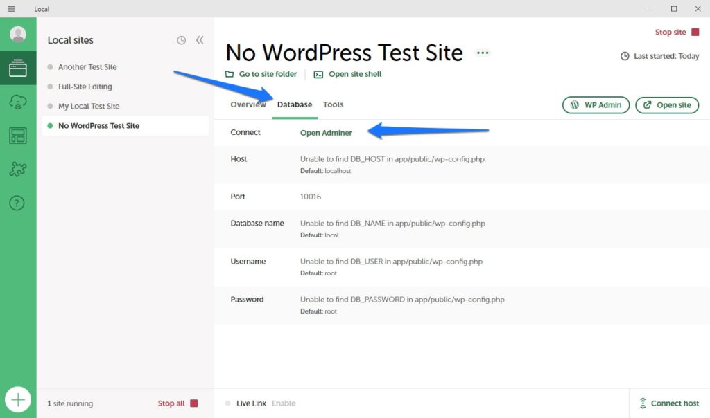 open adminer from local database menu