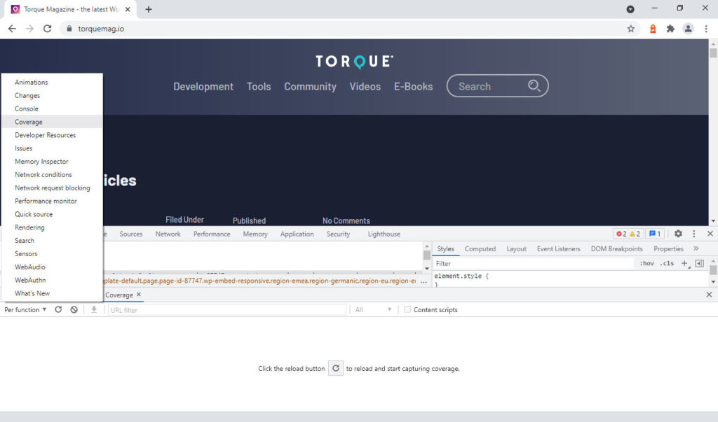 Reduced unused JavaScript and CSS: open coverage in chrome developer tools via menu