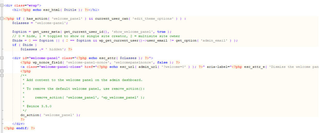 php code in wordpress dashboard file