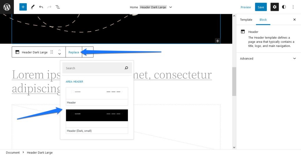 replace template part in full site editing