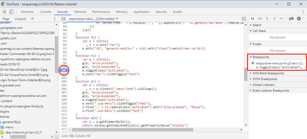 set breakpoints in browser developer tools