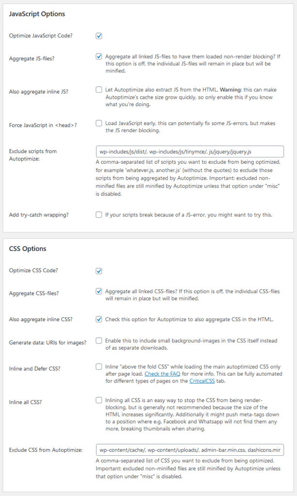 settings for render blocking resources in autoptimize