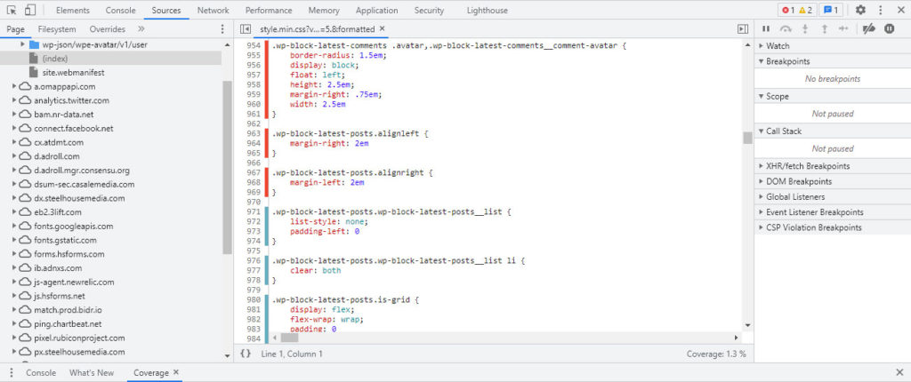 Reduced unused JavaScript and CSS: show unused css in file in chrome developer tools