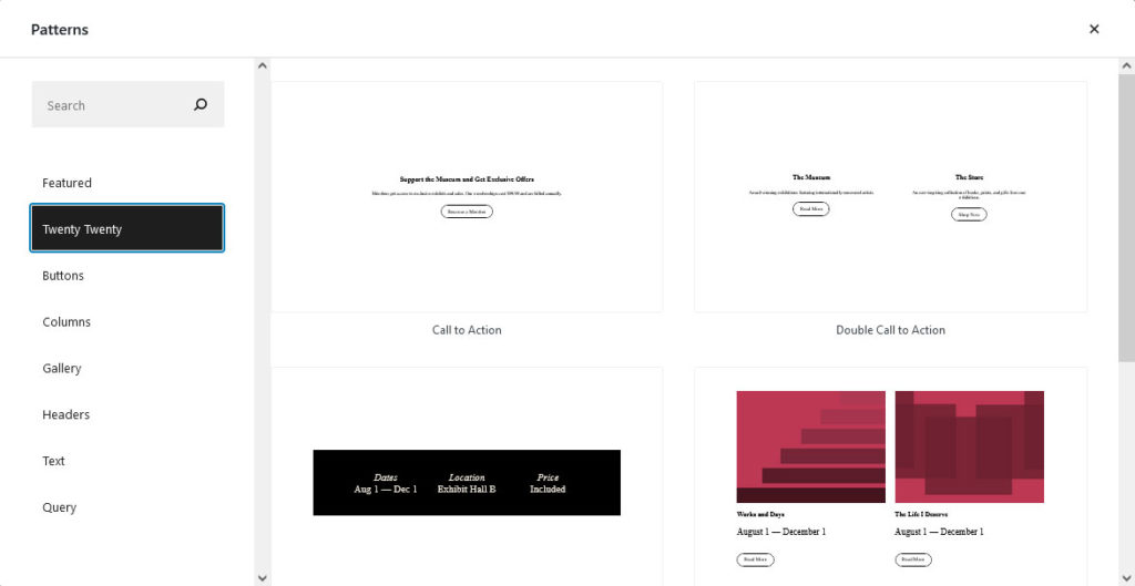twenty twenty theme available block patterns