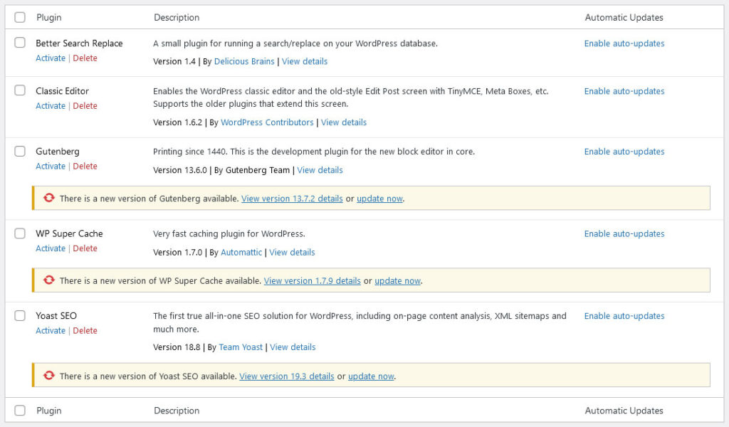 update prompts in wordpress plugin menu