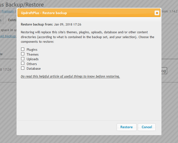 updraft plus restore options