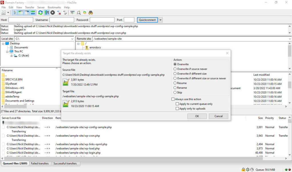 upload and overwrite wordpress files via ftp