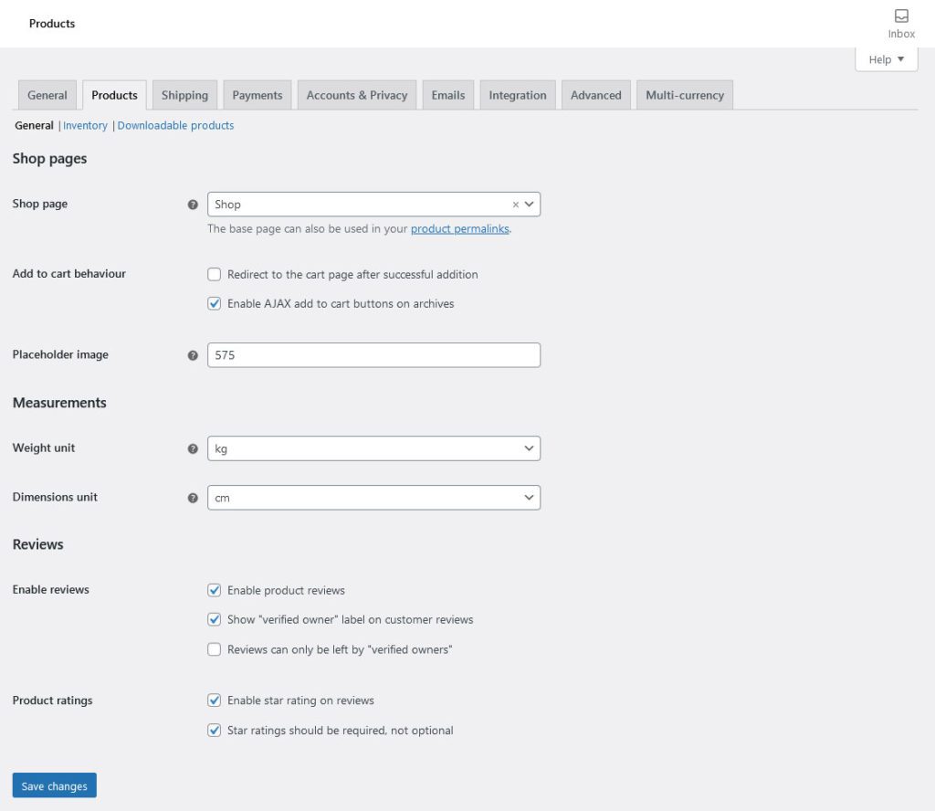 settings products
