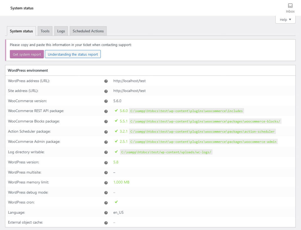 woocommerce system status menu