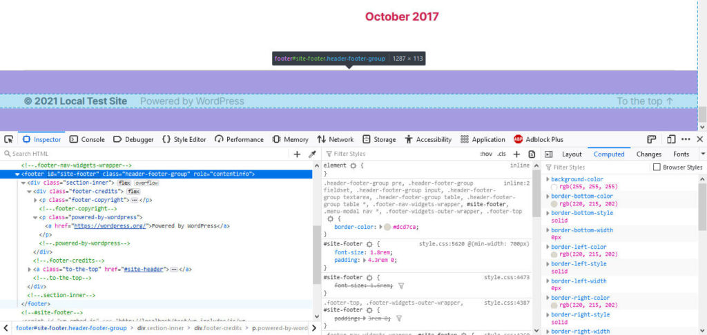 wordpress footer markup in browser developer tools
