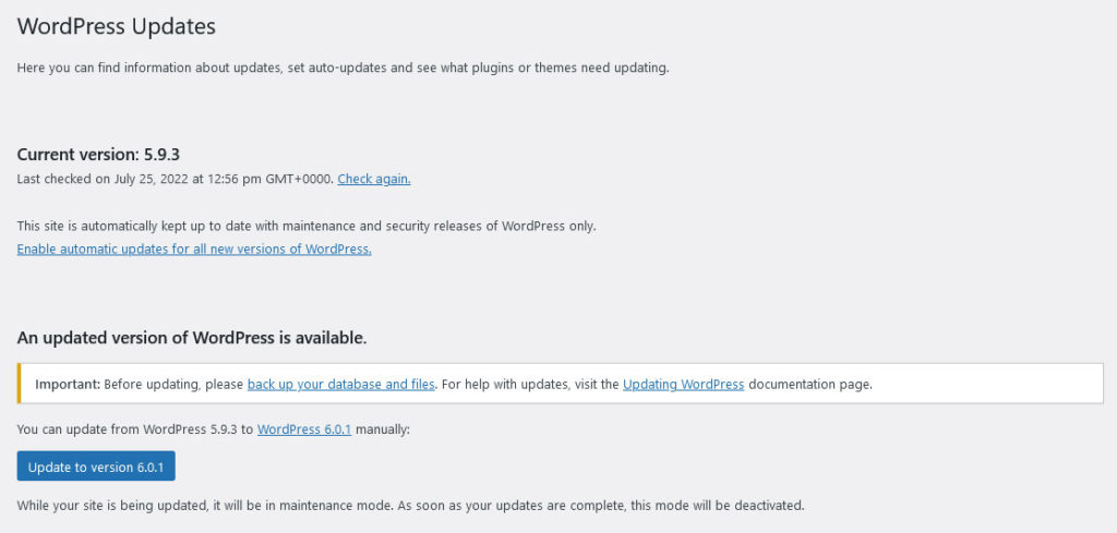 wordpress update page