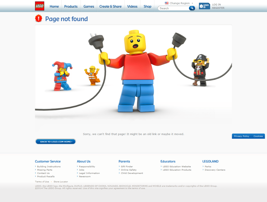 404 page examples Lego