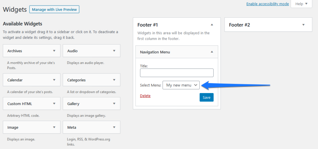 add wordpress navigation menu via widget