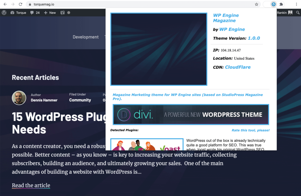 How To Find Out What Theme A Website Is Using: Theme results for Torque from the WordPress Theme Detector and Plugins Detector Chrome extension.