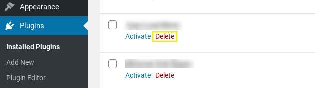 The link to delete a WordPress plugin.