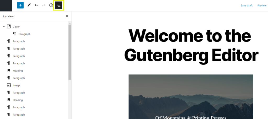 The drag-and-drop list view in the Gutenberg editor. 