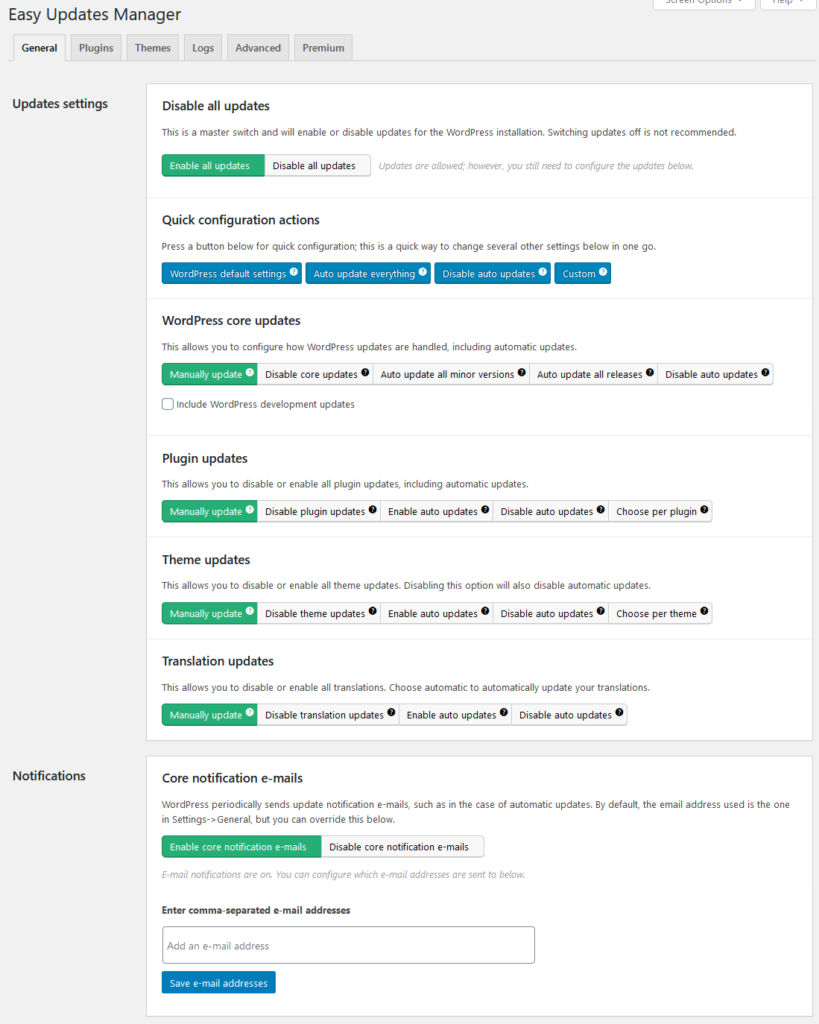 easy updates manager options