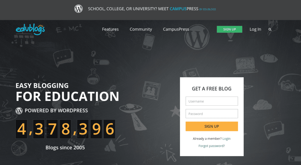 The Edublogs. website homepage.