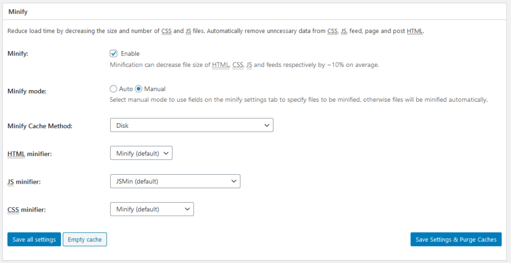 enable manual minification options in w3 total cache