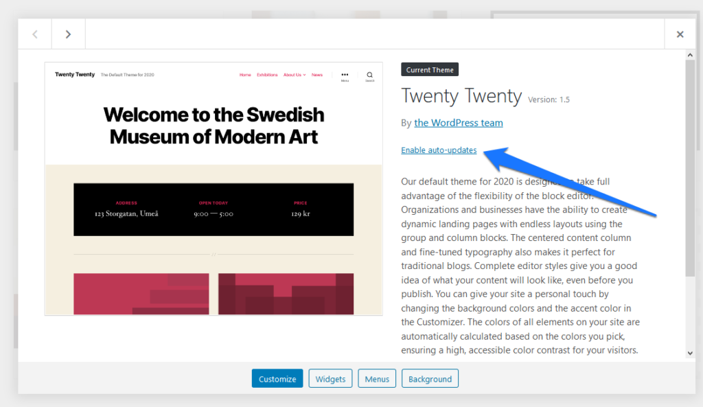 enable wordpress automatic updates in themes menu