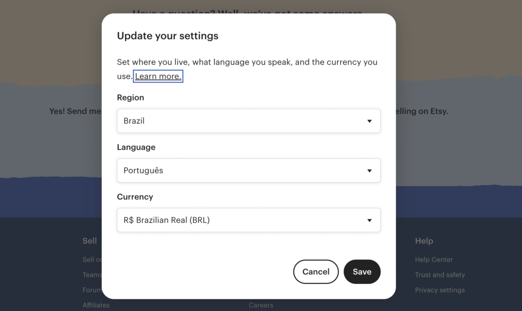 Etsy location settings