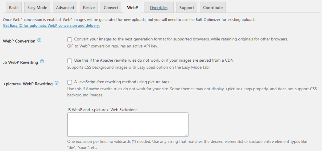 ewww webp settings