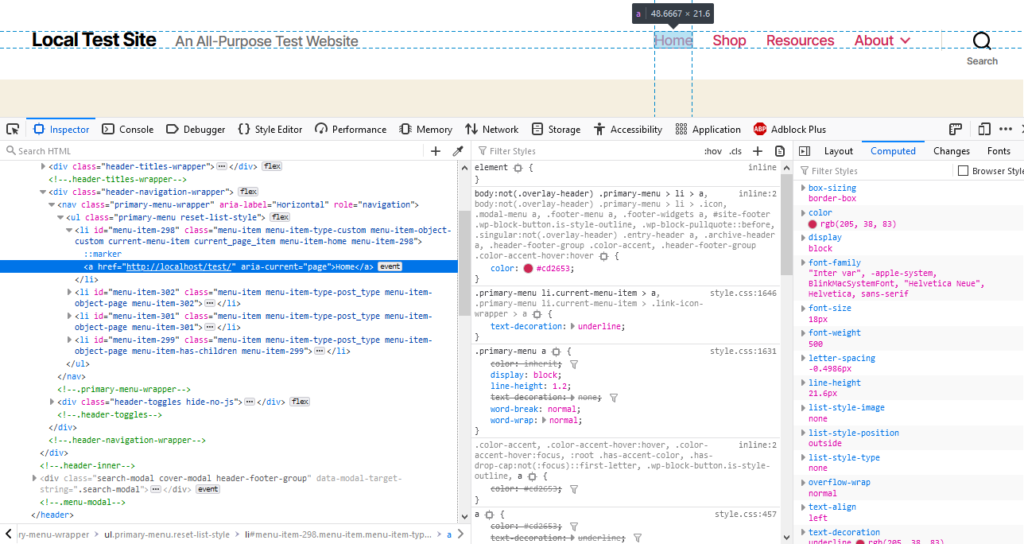 examine wordpress navigation menu html and css markup