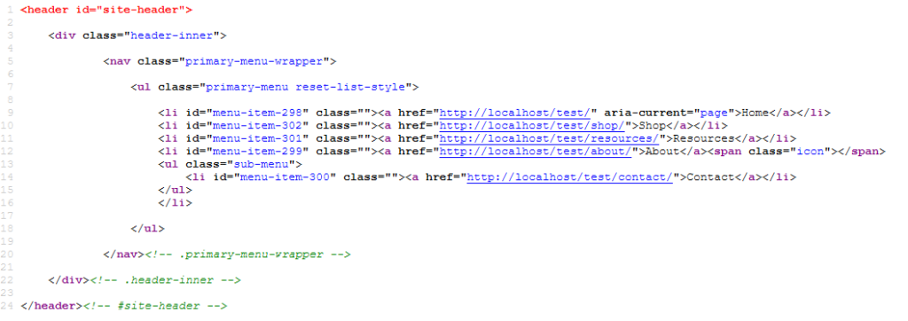 example wordpress navigation menu html markup