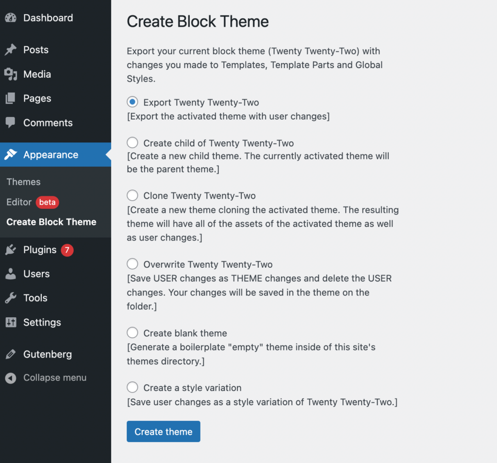 Export block theme