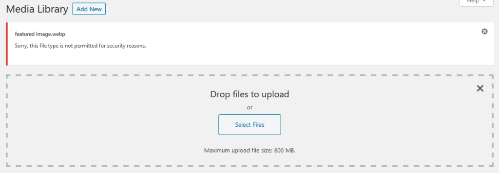 failed webp upload in wordpress media library