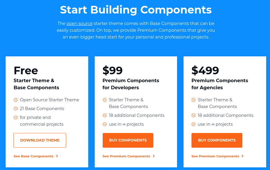 The pricing tiers of the Flynt starter theme.