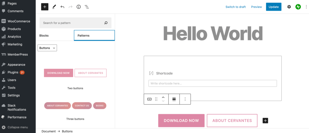 Gutenberg's block patterns dashboard.