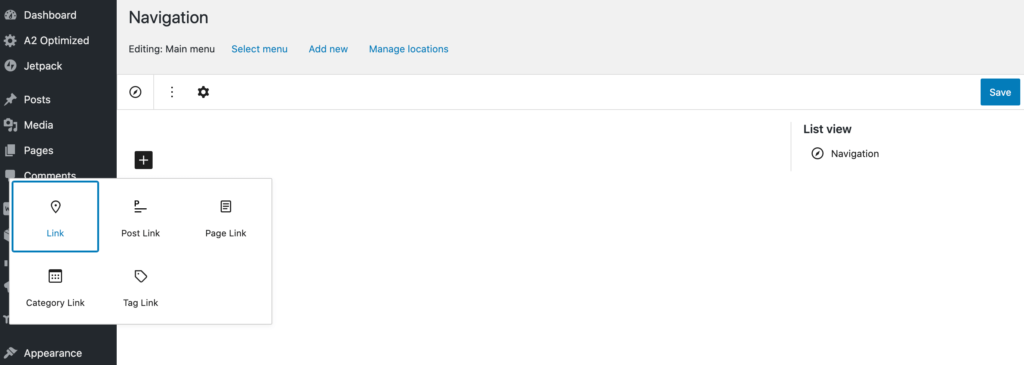Gutenberg's beta Navigation builder.
